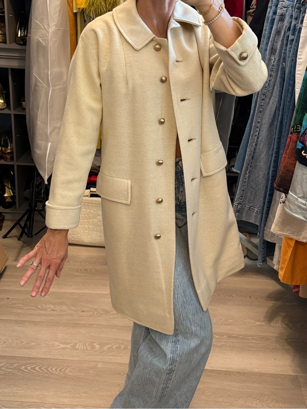 Vintage Women’s Cream Button-Front Wool-Blend Coat